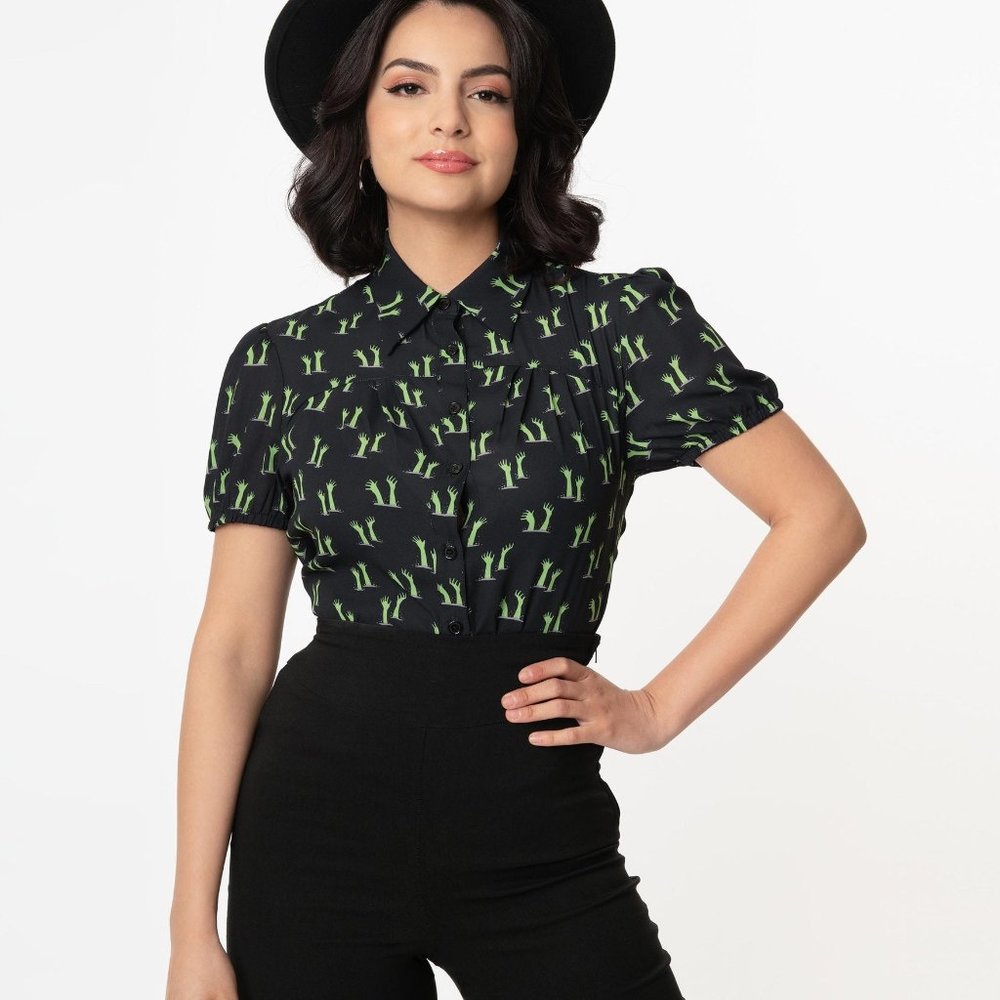 Zombie Hands Caroline Pinup Retro Goth Halloween Blouse by Unique Vintage